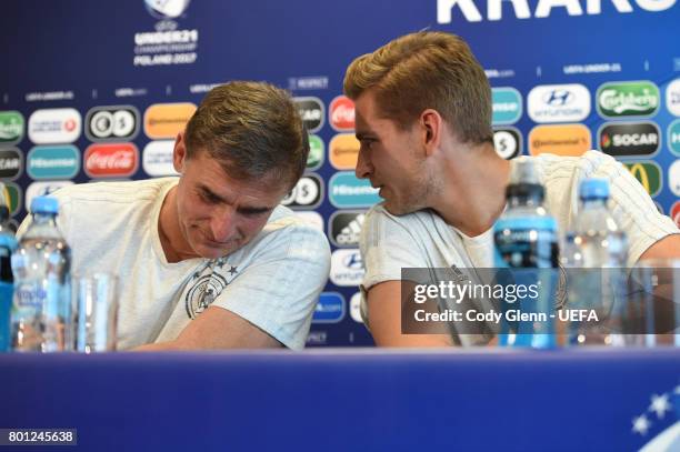 Germany head coach Stefan Kuntz and goalkeeper Julian Pollersbeck during a press conference ahead of their UEFA European Under-21 Championship 2017...