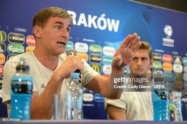 Germany head coach Stefan Kuntz and goalkeeper Julian Pollersbeck during a press conference ahead of their UEFA European Under-21 Championship 2017...