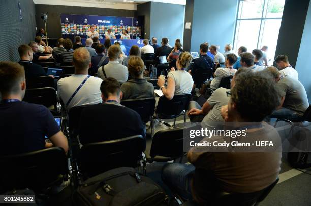 Germany head coach Stefan Kuntz and goalkeeper Julian Pollersbeck during a press conference ahead of their UEFA European Under-21 Championship 2017...