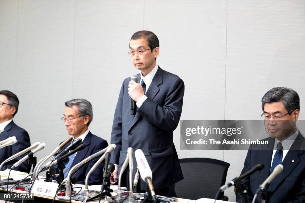 Air bag maker Takata CEO Shigehisa Takada speaks during a press conference on June 26, 2017 in Tokyo, Japan. The air bag maker filed the bankruptcy...