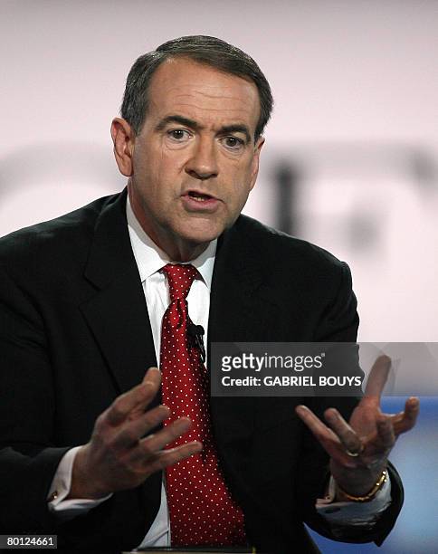 This January 30, 2008 file photo shows Republican presidential hopeful, former Arkansas governor Mike Huckabee participating in the televised...