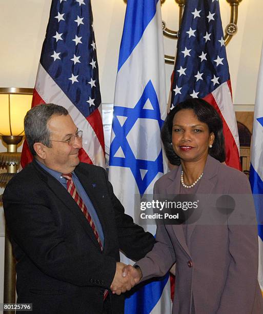 Israeli Defense Minister Ehud Barak greets visiting US Secretary of State Condoleezza Rice at King David hotel on March 5, 2008 in Jerusalem, Israel....