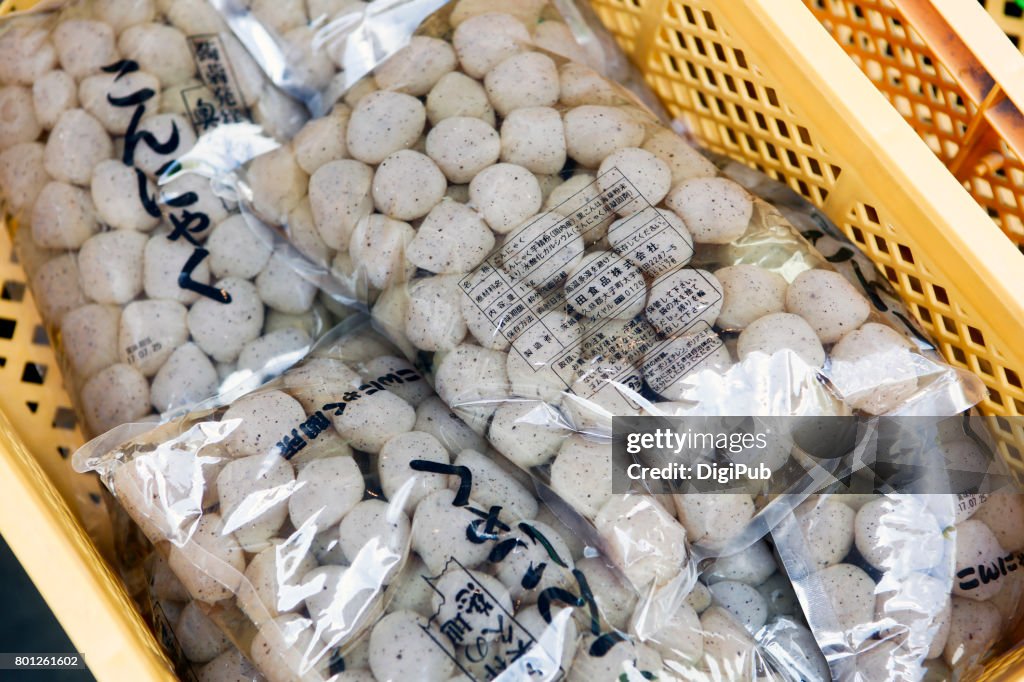 EDITORIAL USE: Konnyaku jelly in bags piled in plastic box
