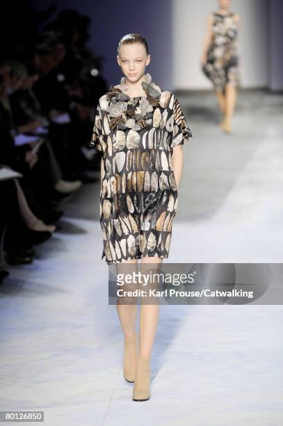 Model walks the runway wearing the Hussein Chalayan Fall/Winter 2008/2009 collection during Paris Fashion Week on the 26th of February 2008 in...