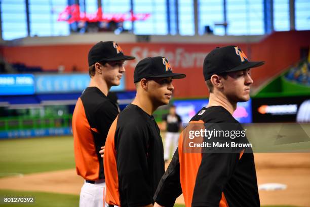 The Miami Marlins top three draft picks Trevor Rogers, Brian Miller, and Joe Dunand visit Marlins Park for a press conference before the game between...