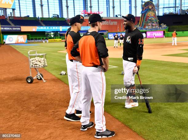 The Miami Marlins top three draft picks Trevor Rogers, Brian Miller, and Joe Dunand visit Marlins Park for a press conference before the game between...