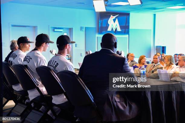 Michael Hill with he Miami Marlins top three draft picks Brian Miller, Trevor Rogers, Joe Dunand and Stan Meek visit Marlins Park for a press...