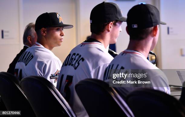 The Miami Marlins top three draft picks Trevor Rogers, Brian Miller, and Joe Dunand visit Marlins Park for a press conference before the game between...