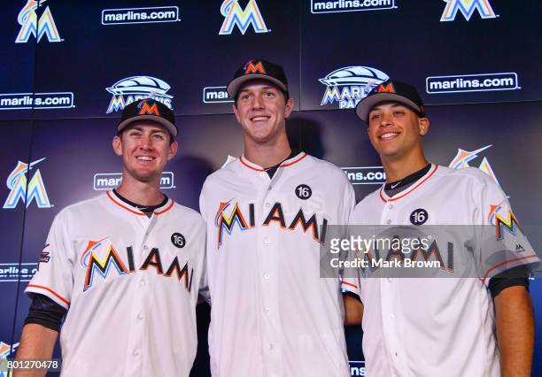 The Miami Marlins top three draft picks Brian Miller, Trevor Rogers, and Joe Dunand visit Marlins Park for a press conference before the game between...