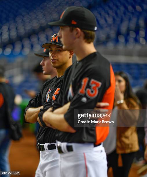 The Miami Marlins top three draft picks Trevor Rogers, Brian Miller, and Joe Dunand visit Marlins Park for a press conference before the game between...