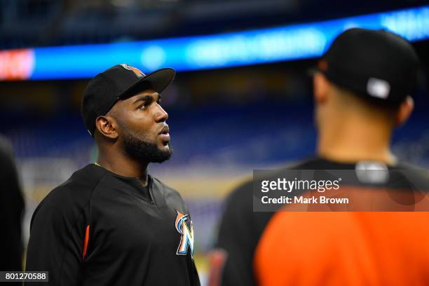 Marcell Ozuna of the Miami Marlins visits with the Miami Marlins top three draft picks Trevor Rogers, Brian Miller, and Joe Dunand visit Marlins Park...