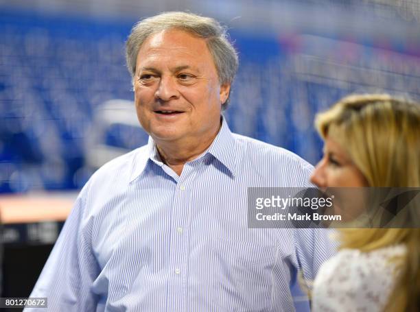 The Miami Marlins owner Jeffrey Loria with his wife Julie Loria at Marlins Park for a press conference before the game between the Miami Marlins and...