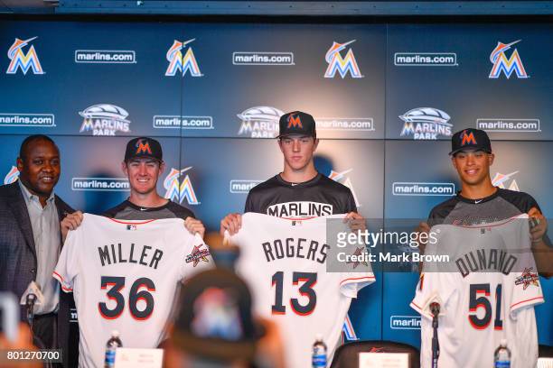 The Miami Marlins top three draft picks Brian Miller, Trevor Rogers, and Joe Dunand visit Marlins Park for a press conference before the game between...