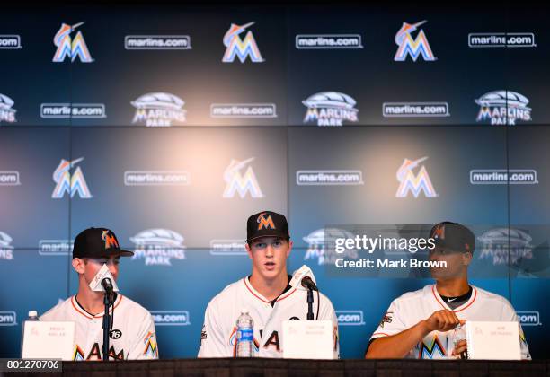 The Miami Marlins top three draft picks Brian Miller, Trevor Rogers, and Joe Dunand visit Marlins Park for a press conference before the game between...