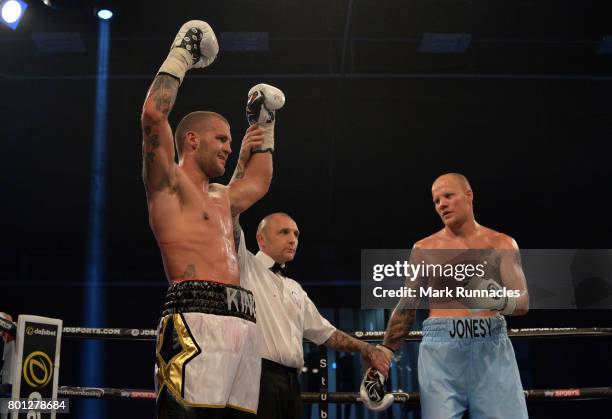 Jordan King , celebrates after beating Adam Jones during a Super-Middleweight contest presented by Matchroom Boxing at Walker Activity Dome on June...