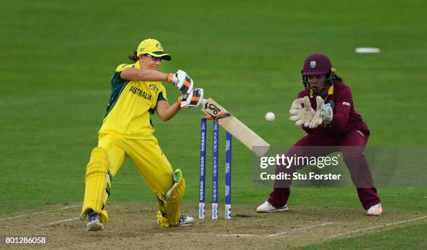 Australia batsman Nicole Bolton hits out watched by wicketkeeper Merissa Aguilleira during the ICC Women's World Cup 2017 match between Australia and...