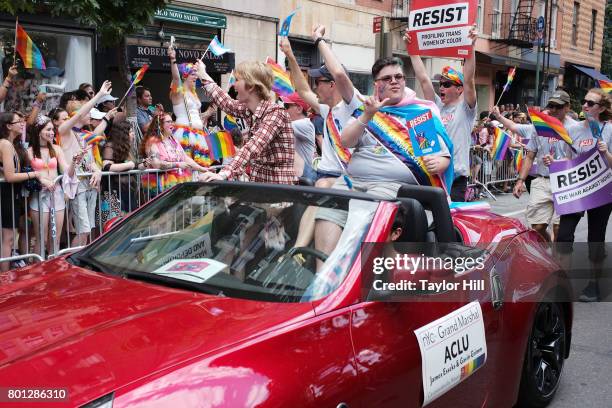 Chelsea Manning and Gavin Grimm ride during the 2017 Pride March in the West Village on June 25, 2017 in New York City.