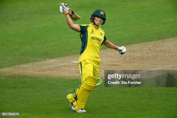 Australia batsman Nicole Bolton celebrates her century during the ICC Women's World Cup 2017 match between Australia and West Indies at The Cooper...