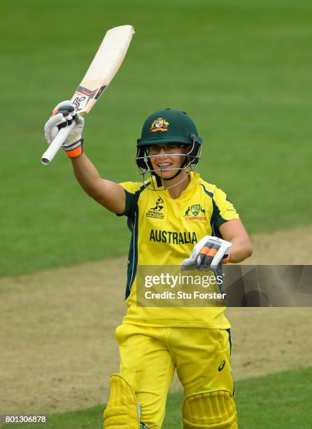 Australia batsman Nicole Bolton celebrates her century during the ICC Women's World Cup 2017 match between Australia and West Indies at The Cooper...