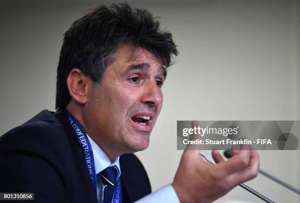 Massimo Busacca, FIFA head of referees talks to the media during the half time press conference at the Saint Petersburg Stadium on June 26, 2017 in...