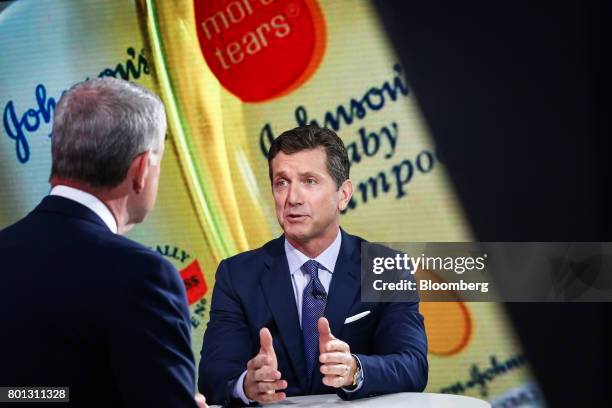 Alex Gorsky, chairman and chief executive officer at Johnson & Johnson, speaks during a Bloomberg Television interview in New York, U.S., on Monday,...