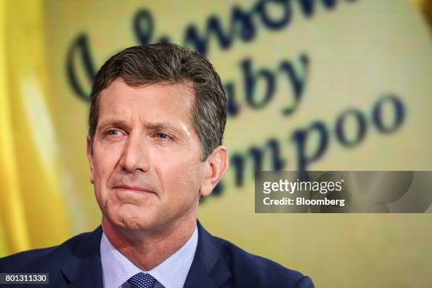 Alex Gorsky, chairman and chief executive officer at Johnson & Johnson, listens during a Bloomberg Television interview in New York, U.S., on Monday,...