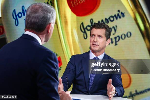 Alex Gorsky, chairman and chief executive officer at Johnson & Johnson, speaks during a Bloomberg Television interview in New York, U.S., on Monday,...