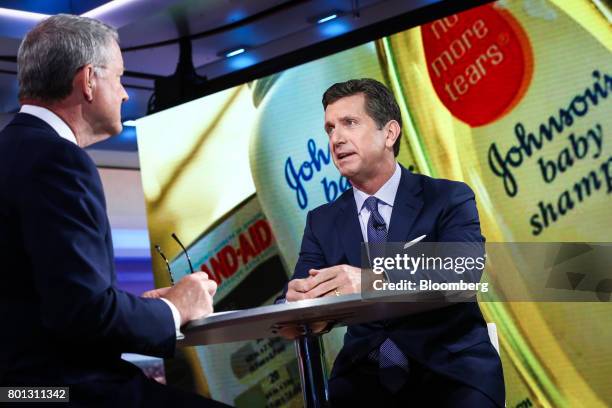 Alex Gorsky, chairman and chief executive officer at Johnson & Johnson, speaks during a Bloomberg Television interview in New York, U.S., on Monday,...