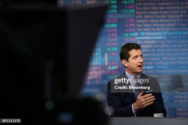 Alex Gorsky, chairman and chief executive officer at Johnson & Johnson, speaks during a Bloomberg Television interview in New York, U.S., on Monday,...