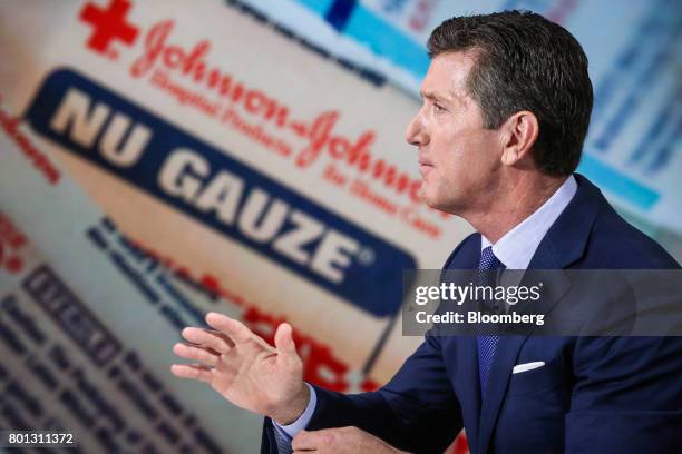 Alex Gorsky, chairman and chief executive officer at Johnson & Johnson, speaks during a Bloomberg Television interview in New York, U.S., on Monday,...