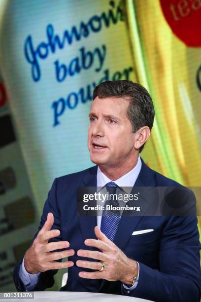 Alex Gorsky, chairman and chief executive officer at Johnson & Johnson, speaks during a Bloomberg Television interview in New York, U.S., on Monday,...