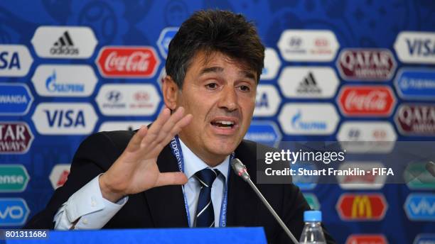 Massimo Busacca, FIFA head of referees talks to the media during the half time press conference at the Saint Petersburg Stadium on June 26, 2017 in...