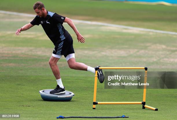 Stuart Broad of Nottinghamshire in action during a fitness test during the Specsavers County Championship Division Two match between Nottinghamshire...