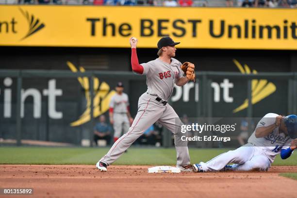 Josh Rutledge of the Boston Red Sox throws to first for a double play against the Kansas City Royals at Kauffman Stadium on June 19, 2017 in Kansas...