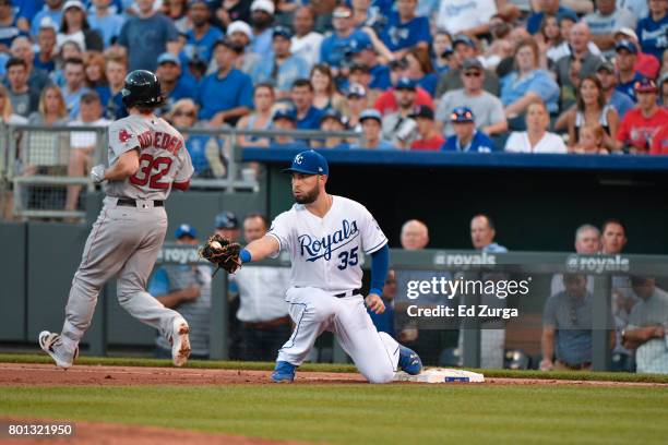 Eric Hosmer of the Kansas City Royals fields a throw as he tries to get the force out on Josh Rutledge of the Boston Red Sox at Kauffman Stadium on...