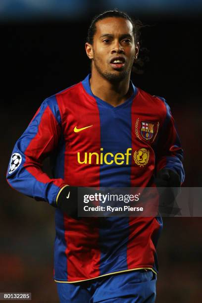 Ronaldinho of Barcelona looks on during the UEFA Champions League 2nd leg of the First knockout round match between FC Barcelona and Celtic at the...