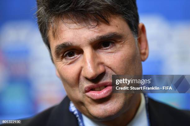 Massimo Busacca, FIFA head of referees talks to the media during the half time press conference at the Saint Petersburg Stadium on June 26, 2017 in...