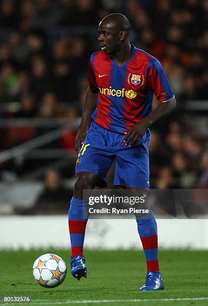 Lilian Thuram of Barcelona in action during the UEFA Champions League 2nd leg of the First knockout round match between FC Barcelona and Celtic at...