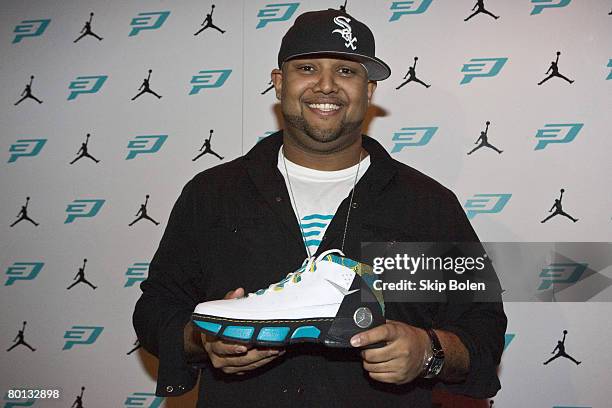 Jordan CP Footwear Designer Jason Mayden holds the Jordan CP while attending the official Jordan brand launch of the first signature shoe for Chris...