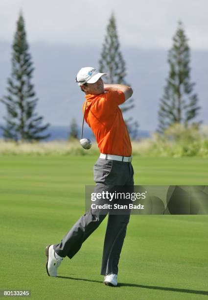 Zach Johnson hits from the 9th fairway during the third round of the Mercedes-Benz Championship at the Plantation Course at Kapalua on January 5,...