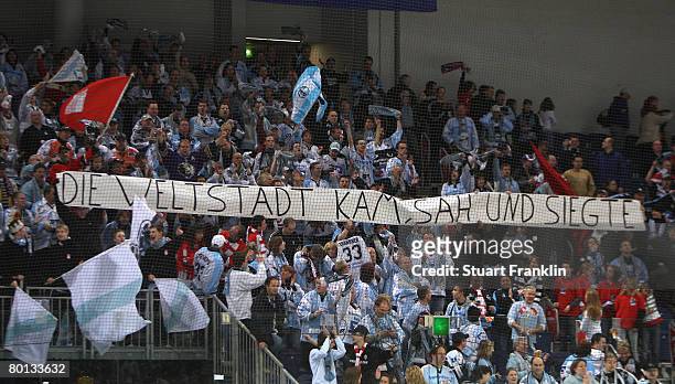 Fans of Hamburg display a victorious banner during the DEL match between Hannover Scorpions and Hamburg Freezers at the TUI Arena on March 05, 2008...