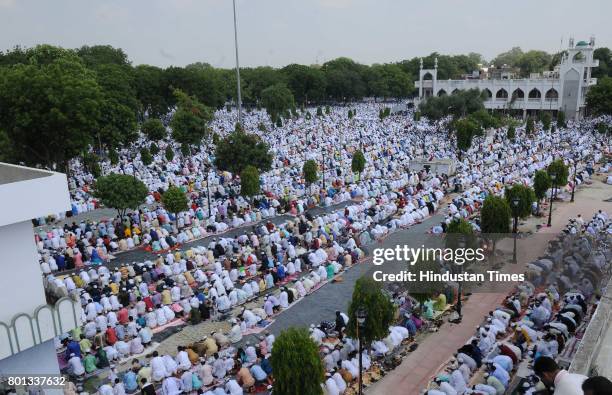 Muslims offering prayers on the occasion of Eid-Ul-Fitr at Bara Imambara, on June 26, 2017 in Lucknow, India. The celebrations marked the end of Holy...