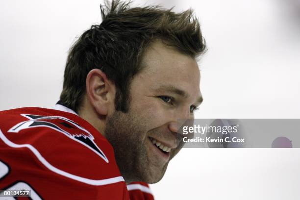 Erik Cole of the Carolina Hurricanes looks on during warm up prior to their NHL game against the Tampa Bay Lightning at RBC Center on March 1, 2008...