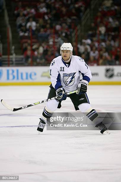 Jeff Halpern of the Tampa Bay Lightning skates on the forecheck against the Carolina Hurricanes during their NHL game at RBC Center on March 1, 2008...