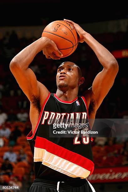Travis Outlaw of the Portland Trail Blazers shoots a free throw during the game against the Miami Heat on January 18, 2008 at American Airlines Arena...