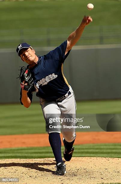 Pitcher Manny Parra of the Milwaukee Brewers throws a pitch against the Texas Rangers on March 5, 2008 at Surprise Stadium in Surprise, Arizona.