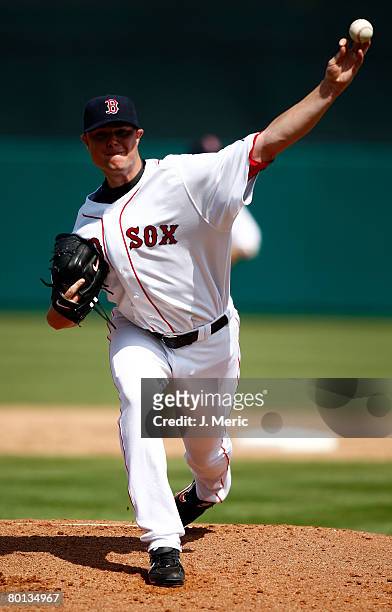 Pitcher Jon Lester of the Boston Red Sox makes a pitch against the Cincinnati Reds during the game on March 5, 2008 at City of Palms Park in Ft....
