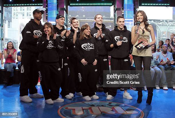 Dance group Iconic from "Randy Jackson Presents: America's Best Dance Crew" and host Lyndsey Rodrigues appear onstage during MTV's "Total Request...