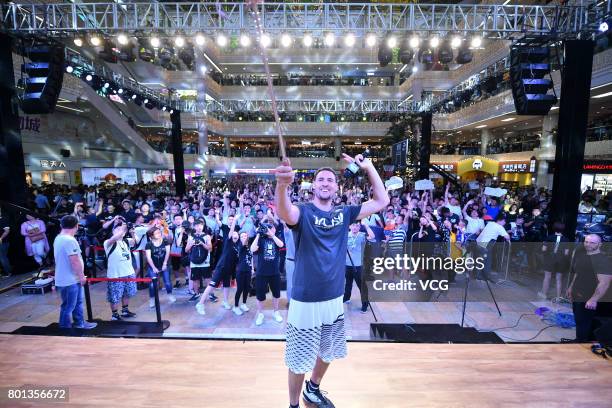 Player Klay Thompson of the Golden State Warriors meets fans at Happy Family Mall on June 26, 2017 in Shenyang, China.