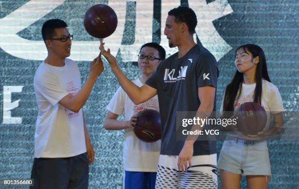 Player Klay Thompson of the Golden State Warriors meets fans at Happy Family Mall on June 26, 2017 in Shenyang, China.